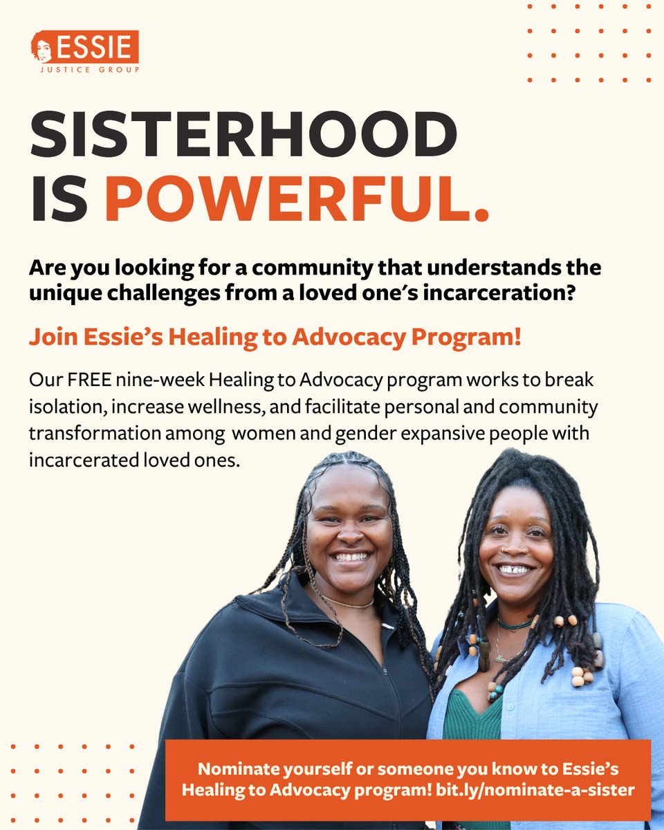 essie4justice's tweet image. If you&apos;re a woman with a currently or formerly incarcerated loved one, join our FREE 9-week Healing to Advocacy Program for a safe space to heal, build community, &amp;amp; develop your leadership. 

LA &amp;amp; Oakland. Program runs in August. essiejusticegroup.org/nominate 🧡