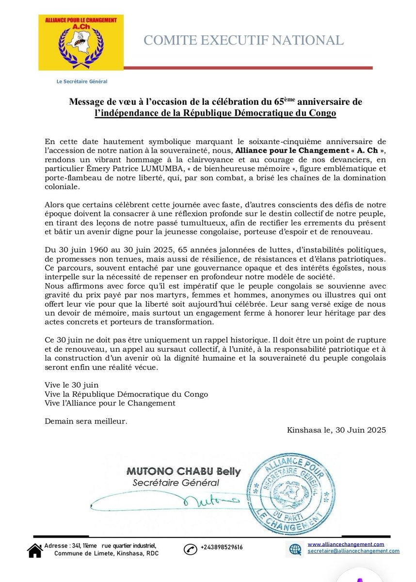 65ème ANNIVERSAIRE DE L'INDÉPENDANCE DE LA RÉPUBLIQUE DÉMOCRATIQUE DU CONGO

«Ce 30 juin doit être un point de rupture et de renouveau »