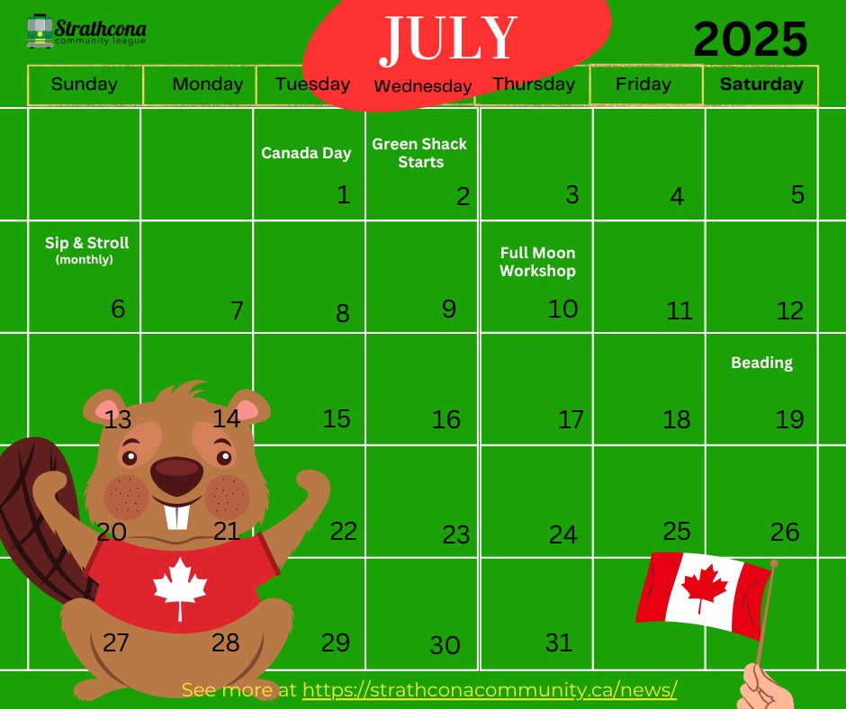 Upcoming in July 2025

Welcome to our monthly post about upcoming events from Strathcona Community League.

New events can be added at any time, so please keep checking our social media or strathconacommunity.ca/news/ &amp; strathconacommunity.ca/events/ for details.
.
.
.
.
.
#strathconaCL