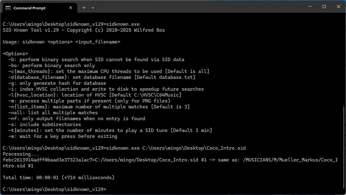 Commodore_lives's tweet photo. SID Known V1.29 - SID Known is a command line tool which you can use to identify SID tunes from SID and PRG files - https://t.co/408atErAox #commodore #retrocomuting https://t.co/Ld5lHRVPDn