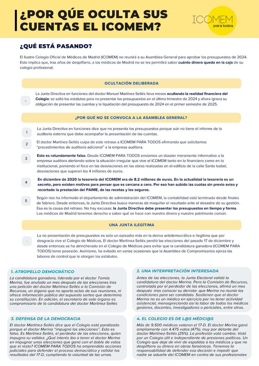 Son varios los compromisarios electos y no electos de la candidatura de Martínez Sellés los que se han mostrado críticos con lo que está sucediendo en el ICOMEM. 
y que piden a gritos a <a href="/MMSelles/">Manuel Martínez-Sellés</a> 
que deje de usurpar o de okupar el <a href="/Icomem_Oficial/">ICOMEM</a> 

A ver si cunde el ejemplo y se