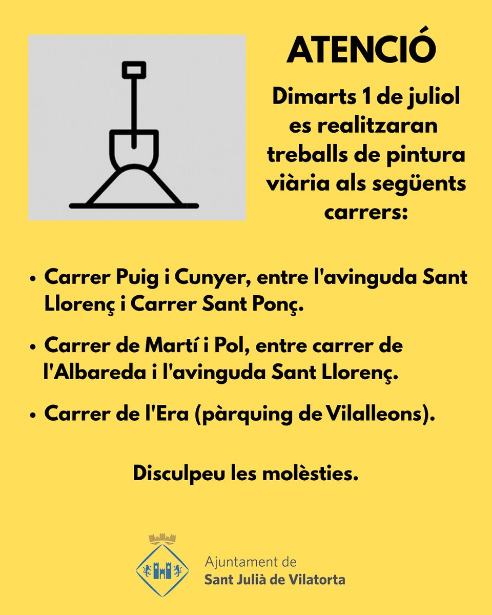 ATENCIÓ!

Demà dimarts treballs de pintura viària en diversos carrers.