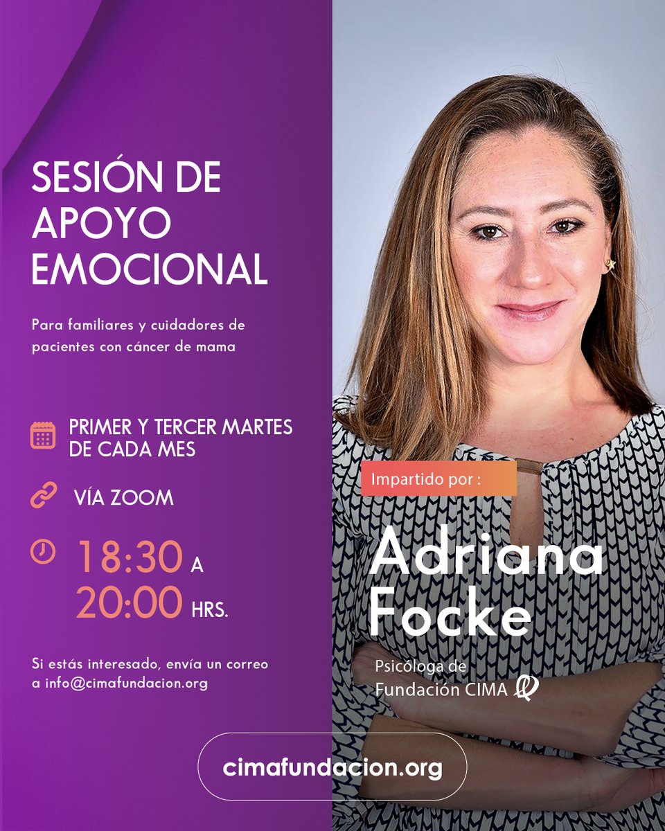Súmate al grupo de apoyo para familiares y cuidadores de pacientes con cáncer de mama impartido por la psicóloga Adriana Focke que se realizan de manera virtual el primer y tercer martes de cada mes. Escríbenos a info@cimafundacion.org para obtener los detalles. #FundaciónCIMA