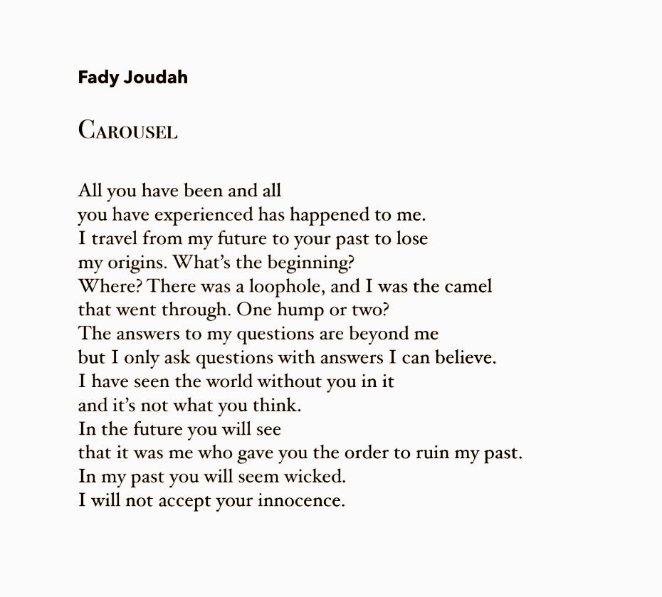 "I will not accept your innocence."

Ah, this poem by <a href="/FadyJoudah/">Fady Joudah</a>