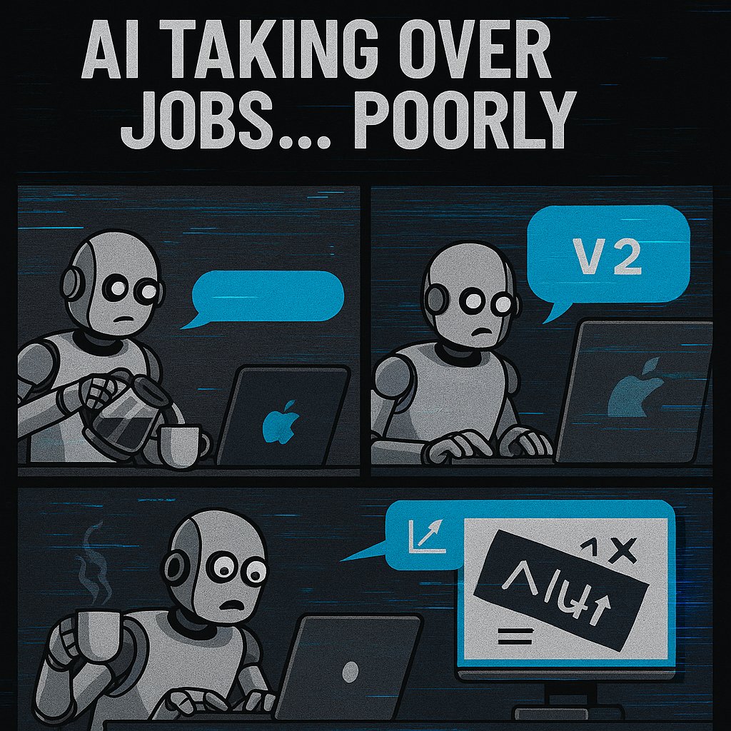 InifyeT's tweet photo. AI taking over jobs:

Robot missed the coffee cup

Still typing with one finger

Gave a pitch with upside-down slides
Let’s calm down and install systems that work.
#AIHype #AutomationFails #InifyeKnows https://t.co/eMsRyrIpo0 https://t.co/rhrYhwoshb