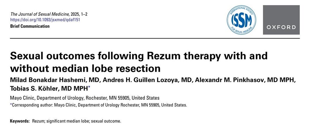 🧵4/4: Regarding sexual function, the study found no statistically significant change in erection (P = 0.49), ejaculation (P = 0.08), or orgasm satisfaction (P = 0.32) between patients undergoing Rezum or Rezurp procedures. 

The full article here:
🔗doi.org/10.1093/jsxmed…