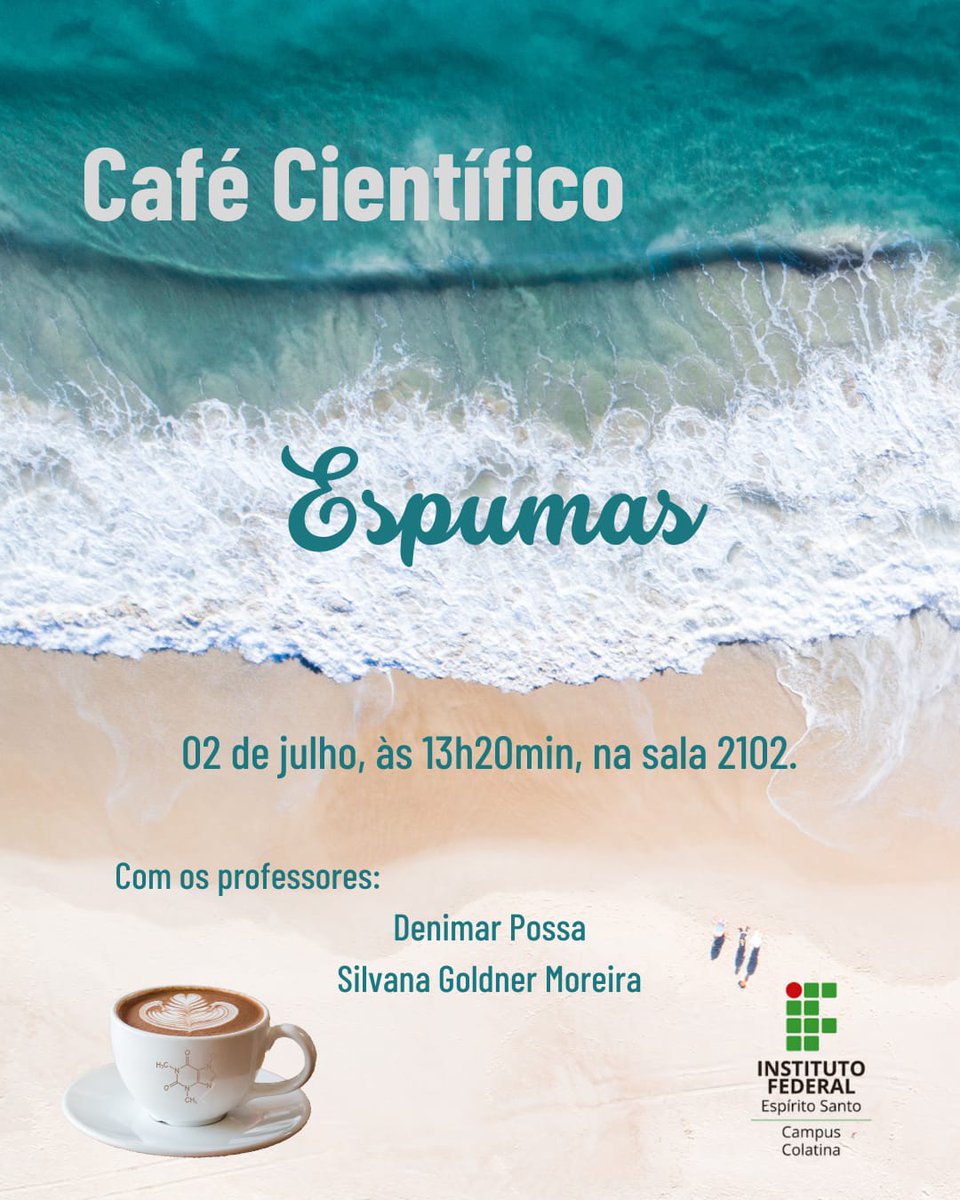 Atenção, estudantes do Ifes Colatina! O quarto evento do projeto "Café Científico" será nesta quarta-feira! 
 
📌 Tema: Espumas

🗓️ Quando? 02 de julho (quarta-feira) 
⏰ Horário? 13h20min
📍 Onde?Sala 2102
🥮 Leve comida ou bebida para compartilhar!

Aguardamos vocês!