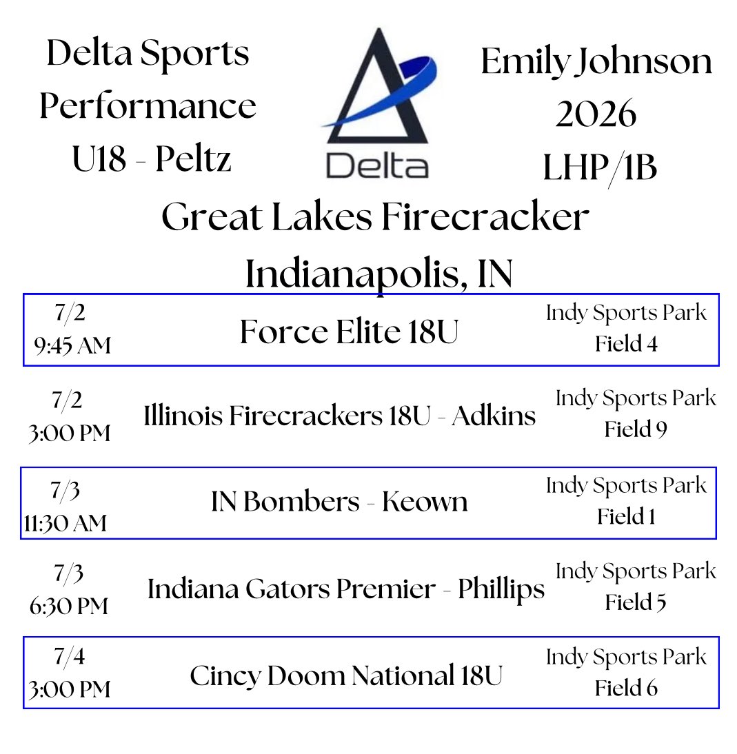 Emily Johnson (@e12johnson) on Twitter photo My schedule for this week at the Great Lakes Firecracker in Indiana! Excited to compete with my <a href="/deltamilwaukee/">Delta Sports Performance</a> U18 Peltz team again! My schedule for this week at the Great Lakes Firecracker in Indiana! Excited to compete with my <a href="/deltamilwaukee/">Delta Sports Performance</a> U18 Peltz team again!