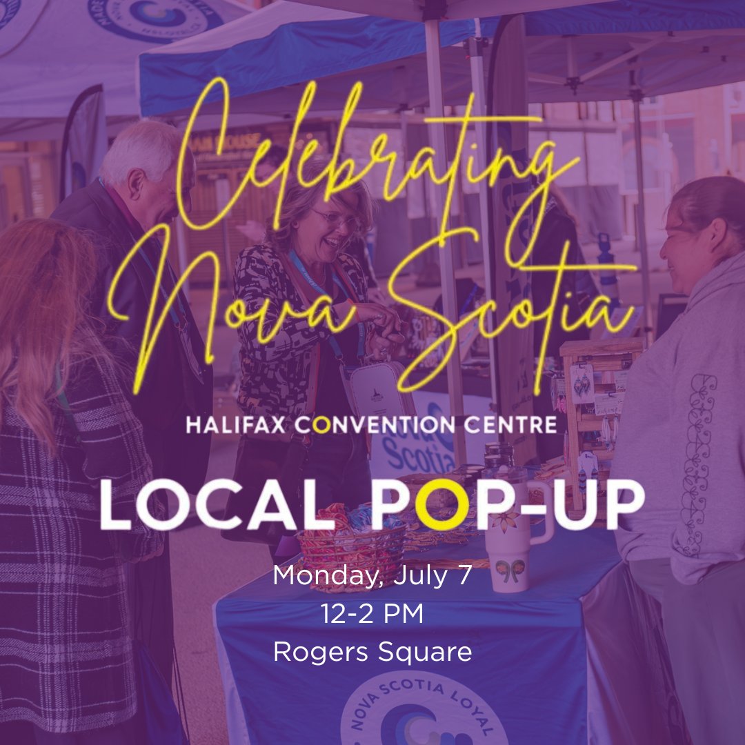 hfxconventions's tweet image. New date, same great pop-up! Our next Local Pop-Up Market is now set for Monday, July 7 from 12–2 PM! Come explore Rogers Square with vendors from @TasteofNS + @NovaScotiaLoyal — food, goods, and local pride, all in one place! ✨💙🛍️