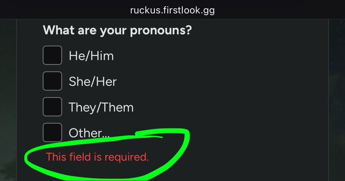 Grummz's tweet photo. So Ruckus Games is a new studio that REQUIRES pronouns to sign up for their first look demo.

Nope. Non-buy-nary. They should have listed that as an option. https://t.co/B81kipmb9W