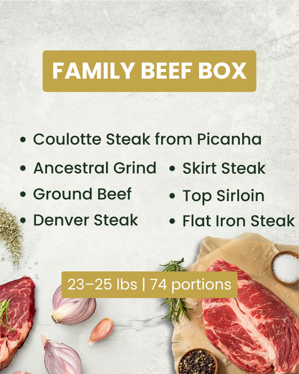 TWF_Health's tweet image. The Wellness Farms - Family Beef Box
✔️ Ground Beef
✔️ Top Sirloin
✔️ Denver Steak
✔️ Flat Iron Steak
✔️ Skirt Steak
✔️ Coulotte Steak
✔️ Ancestral Grind
Serving Size:
➡️74 portions
➡️23-25 lbs
*The Wellness Farms is currently on PRE-SALE and will be available to the public on…