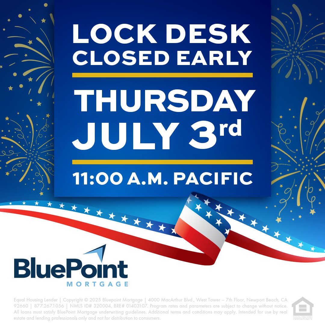 🎇 Independence Day Schedule:
Thursday, July 3 — Lock Desk closes early at 11:00 AM PT | Funding OPEN
Friday, July 4 — Locks and Funding CLOSED
Plan your pipeline accordingly &amp; have a happy and safe holiday weekend.
#MortgageBrokers #WholesaleLending #July4th #LoanOfficers