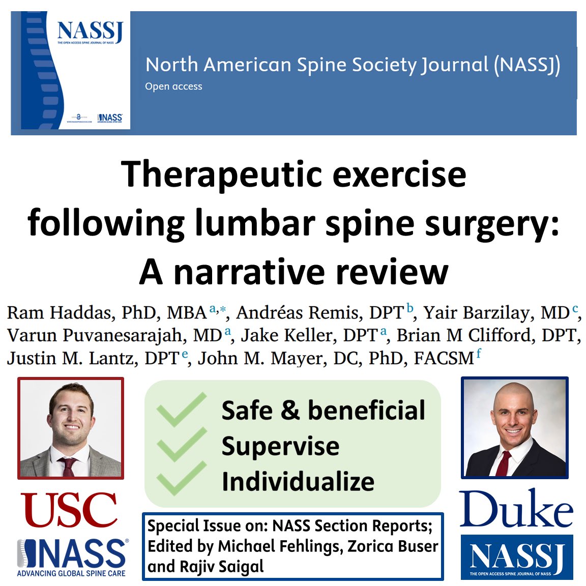 Is exercise helpful following spine surgery? 

Our newly published review offers insight into the role of exercise in recovery following lumbar discectomy, fusion, and total disc replacement.  

Open access article available here: 
doi.org/10.1016/j.xnsj…