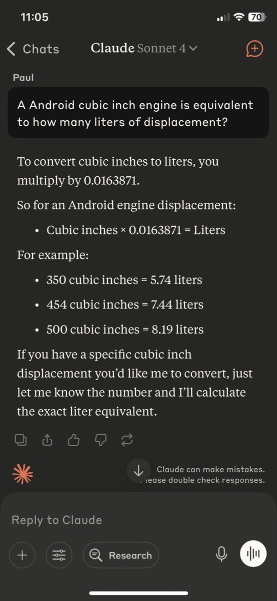 ptvan's tweet photo. Interesting bug in your voice model..

When I speak “454”, the voice transcription engine returns that as “android”

Voice prompt:
“A 454 cubic inch engine is equivalent to how many liters of displacement?”

@AnthropicAI https://t.co/mEIVXM0uIe
