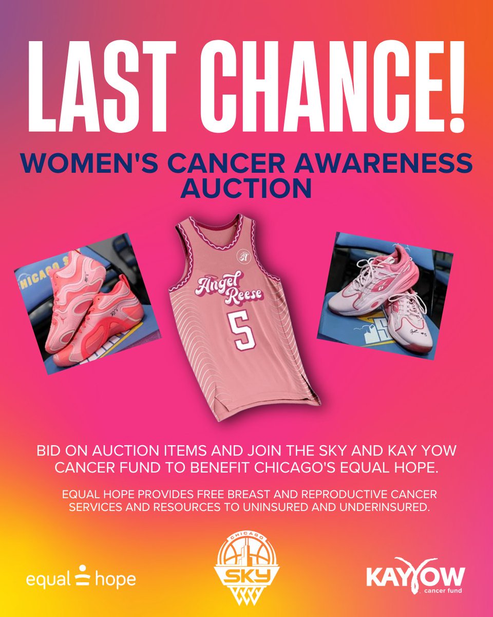 LAST CHANCE! Bid now to win a signed jersey and sneakers from Angel Reese and other Chicago Sky players. This  auction supports the Kay Yow Cancer Fund’s mission and directly benefits Equal Hope!

Use the link in bio to place your final bids.
#AngelReese #ChicagoSky