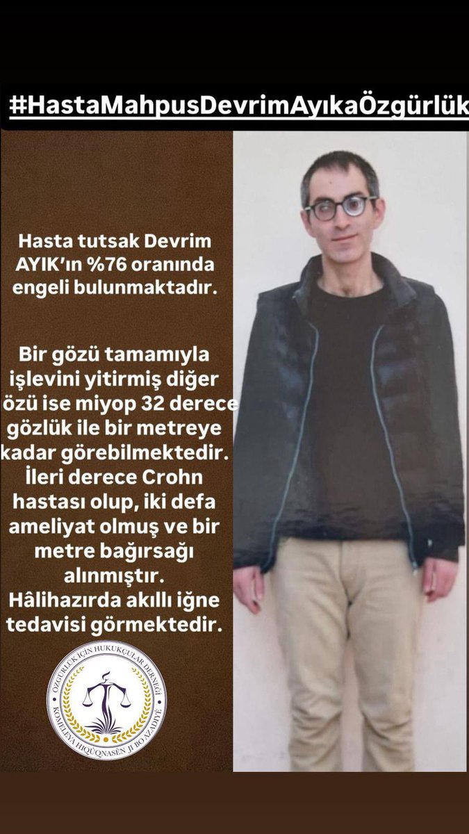 Yüzde 76 engelli tutsak Devrim Ayık’ın annesi Hülya Ayık, "Beli artık karnına yapışacak durumda. 2 kez acile kaldırılmış. Kaderine terk edilmiş bir şekilde ölümü bekliyor" dedi
ATK daha fazla gecikmeden cezaevinde kalamaz raporu vermelidir.
#HastatutsakDevrimAyıkaÖzgürlük