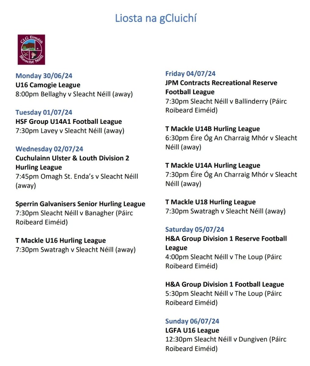Liosta na gCluichí don tseachtain seo - Fixtures for this week