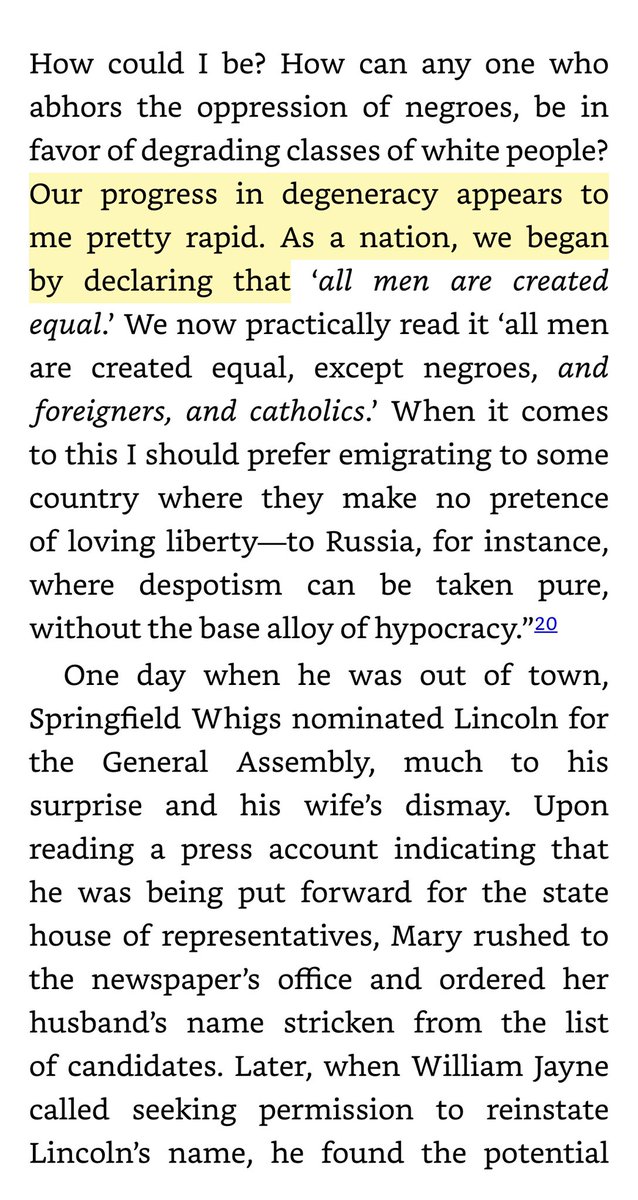 Lincoln to the Know Nothing Party, which claimed to defend “native” Americans. He asked who native Americans were supposed to be.

Do they not wear the breech-clout and carry the tomahawk? We pushed them from their homes and now turn upon others not fortunate enough to come over
