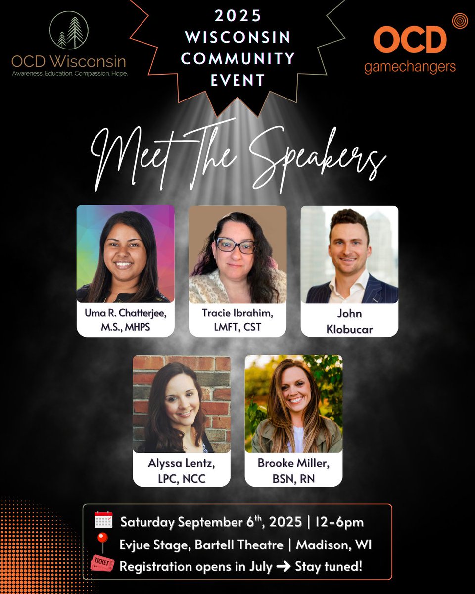 We’re thrilled to announce the 5 lived experience speakers for the 2025 OCD Gamechangers x OCD Wisconsin Community Event—happening Sept 6 in Madison, WI!

An afternoon of raw, powerful storytelling, community, and hope—followed by a mixer to connect &amp; build community. 💚