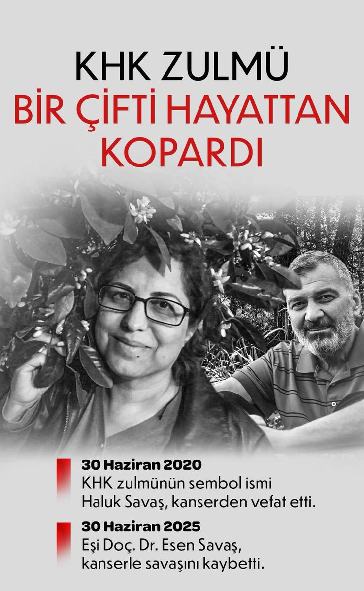 ‼️KHK'LARA SON NEFESLERİNE KADAR DUR DİYEN GÜZEL BİR AİLE İDİLER‼️

Beş yıl önce bugün (30 Haziran 2020) kanserden vefat eden KHK'lı Prof. Dr. Haluk Savaş'ın eşi Doç. Dr. Esen Savaş da bugün HAYATINI KAYBETTİ. 

A.R.E 💐

KHKlılarÇözümBekliyor
#AntakyaYanıyor 
#izmiryanıyor