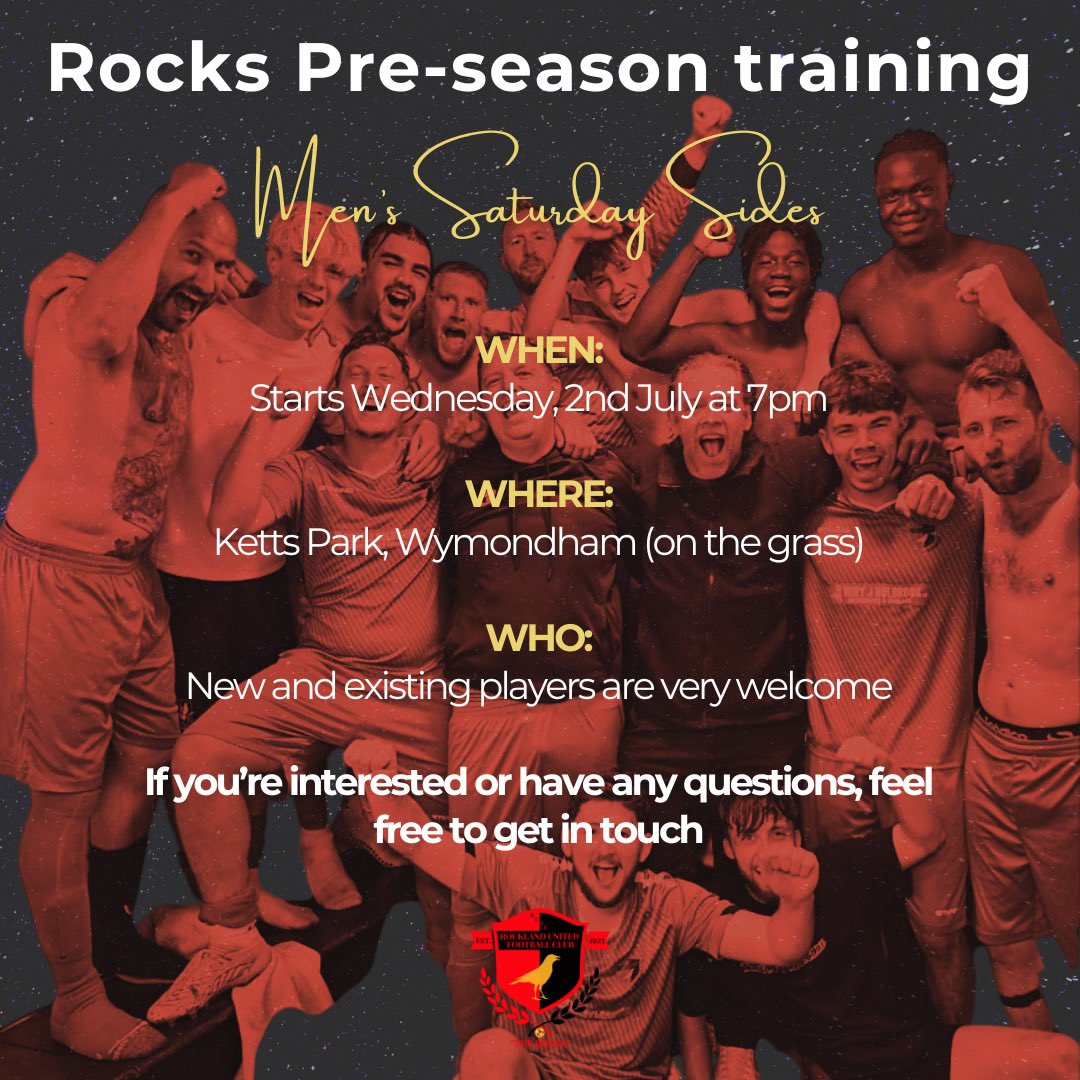 🪨🪨 📣 Rocks Pre-Season Training 💪🏼 

A reminder that our Men’s begin their pre-season training this Wednesday, old and new players welcome to join our club that is moving in the right direction.

We’d love to see as many as possible come and be part of our Rocks journey.

1/2