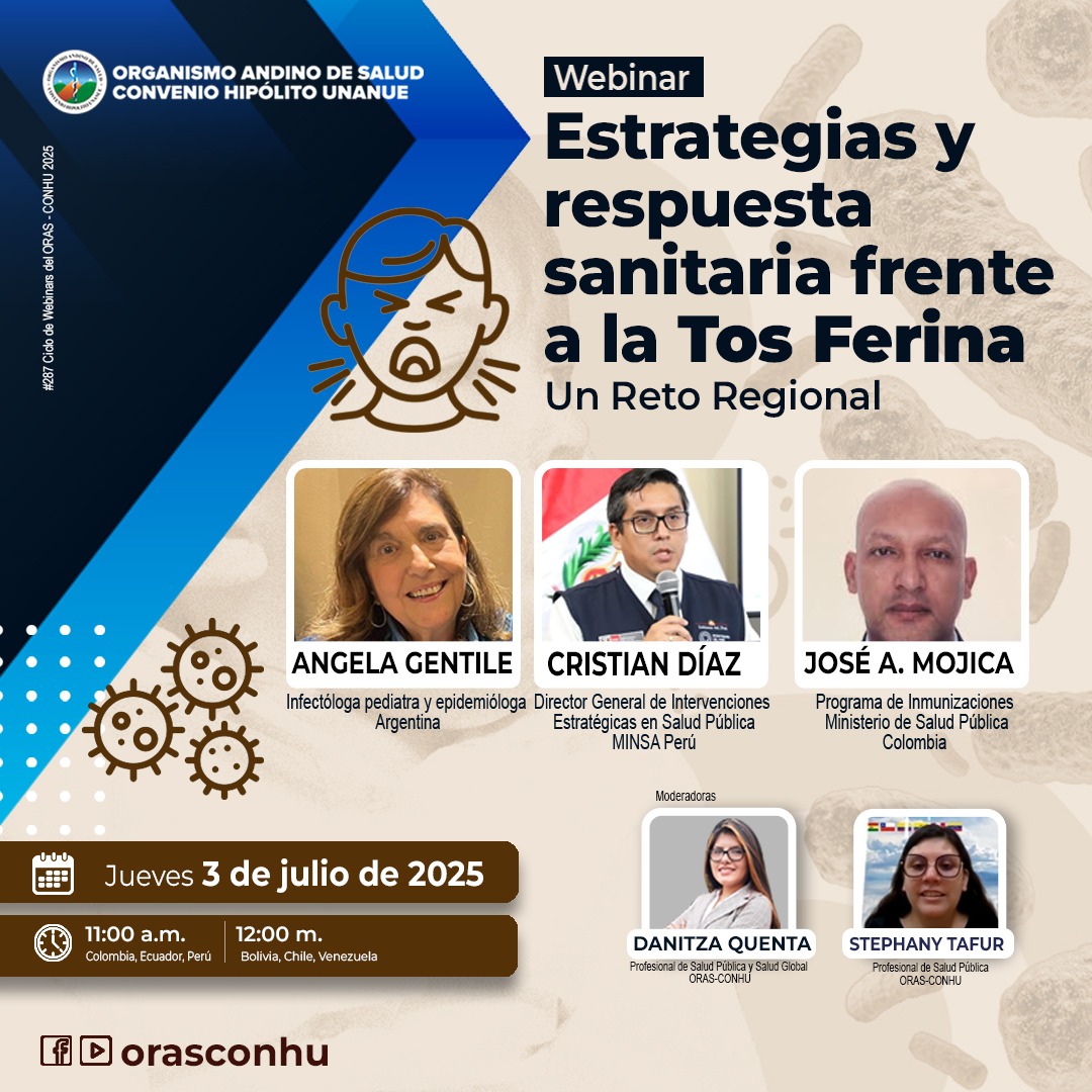 Este jueves 4 de julio. 11:00 am (hora Perú), presentamos: "Estrategias y Respuesta Sanitaria frente a la Tos Ferina: Un reto regional". 

🖥️Link de inscripción: forms.office.com/e/dfZsYsJeNL
 📲Acceso libre a través de Facebook y You Tube.
📩Se entregarán certificados de asistencia