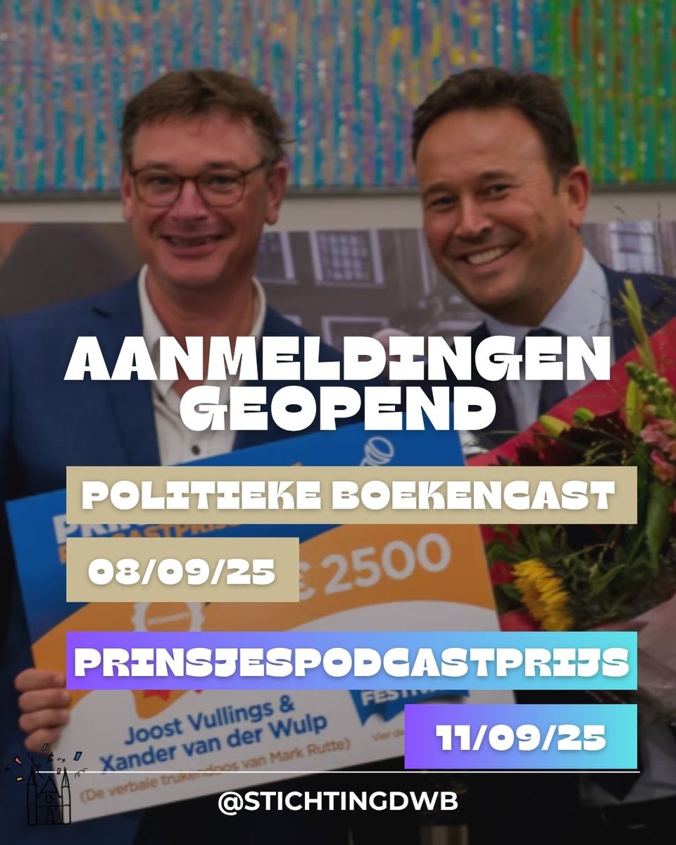 🎙️ Denk jij dat jouw podcast de beste is van dit politieke jaar? Stuur ’m in voor de #PrinsjesPodcastprijs 2025: stichtingdwb.nl/post/maak-kans…

🗓️ Deadline: 6 juli
📍Politieke BoekenCast: 8 sept in Nieuwspoort 
🏛️ Uitreiking: 11 sept in de Eerste Kamer
#Podcastmakers #PolitiekePodcast