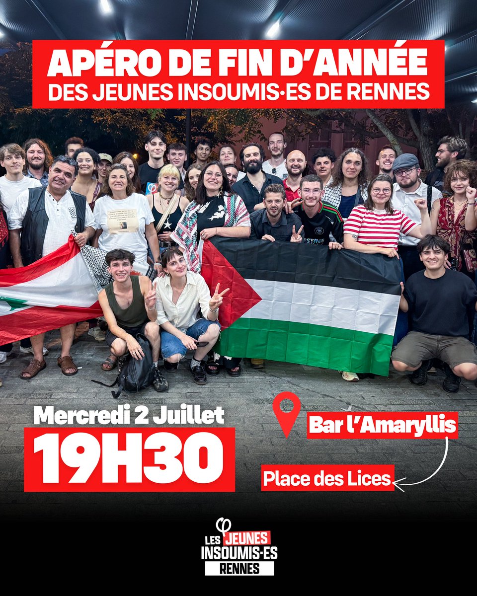 JFIRennes's tweet image. 🔴 Après une année bien remplie, on se donne rendez-vous ce mercredi au bar l'Amaryllis, place des Lices, à partir de 19h30, pour un grand apéro convivial de fin d'année !
🧃 Évènement ouvert à toustes, n'hésitez pas à passer pour échanger et nous rencontrer !
À mercredi !