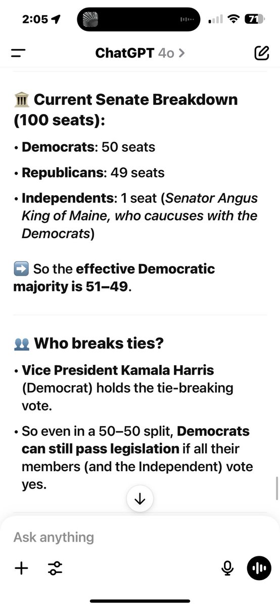 How does ChatGPT still think Kamala is the current VP and the democrats control the house?  This isn’t the first time it says Biden is still president.  Makes you think if the info. you ask for is correct.  And this is the paid version! <a href="/ChatGPTapp/">ChatGPT</a>