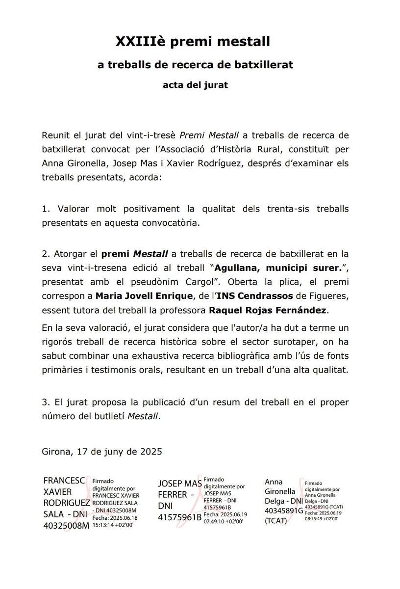 Aquesta tarda hem lliurat el Premi Mestall a la Maria Jovell Enrique. Enhorabona!
Agrair als altres 35 participants pels seus excel·lents treballs, als membres del jurat i a tots els socis de l'<a href="/histrural/">Associació Història Rural</a> que fan possible que aquest premi hagi assolit enguany la seva 23a edició.