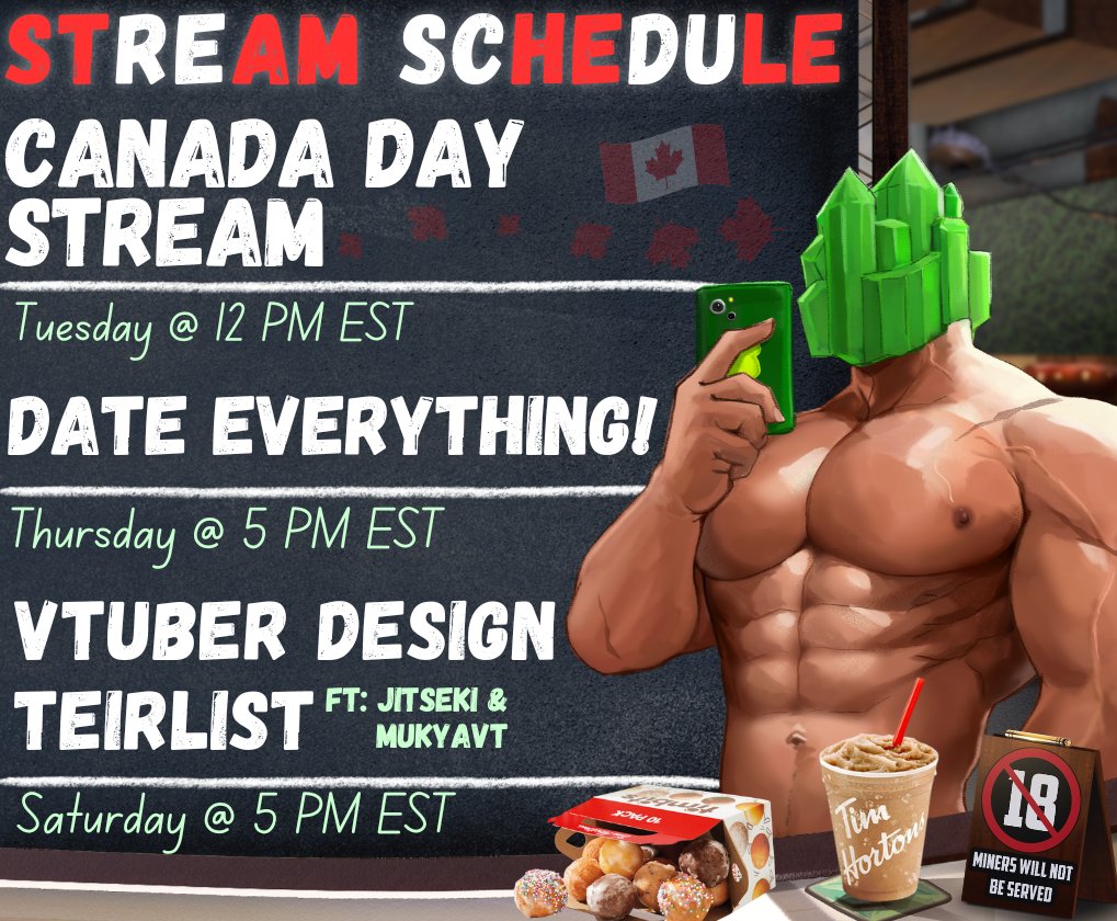 💚💎[ STREAM SCHEDULE ] 💎💚

CANADA DAY STREAM TOMORROW ALL DAY!!
Sexy Furniture and Concepts! 
AND VTUBER TEIRLIST FT: <a href="/Jitsekii/">ᯓ Jitseki 🌈🐾</a> and <a href="/MukyaVT/">Mukya ☕️🐚 𝄆 Indy Arc 𝄇</a>

Insane week this week! Hope to see you all there!
#vtuber #canadianStreamer #lewdtuber