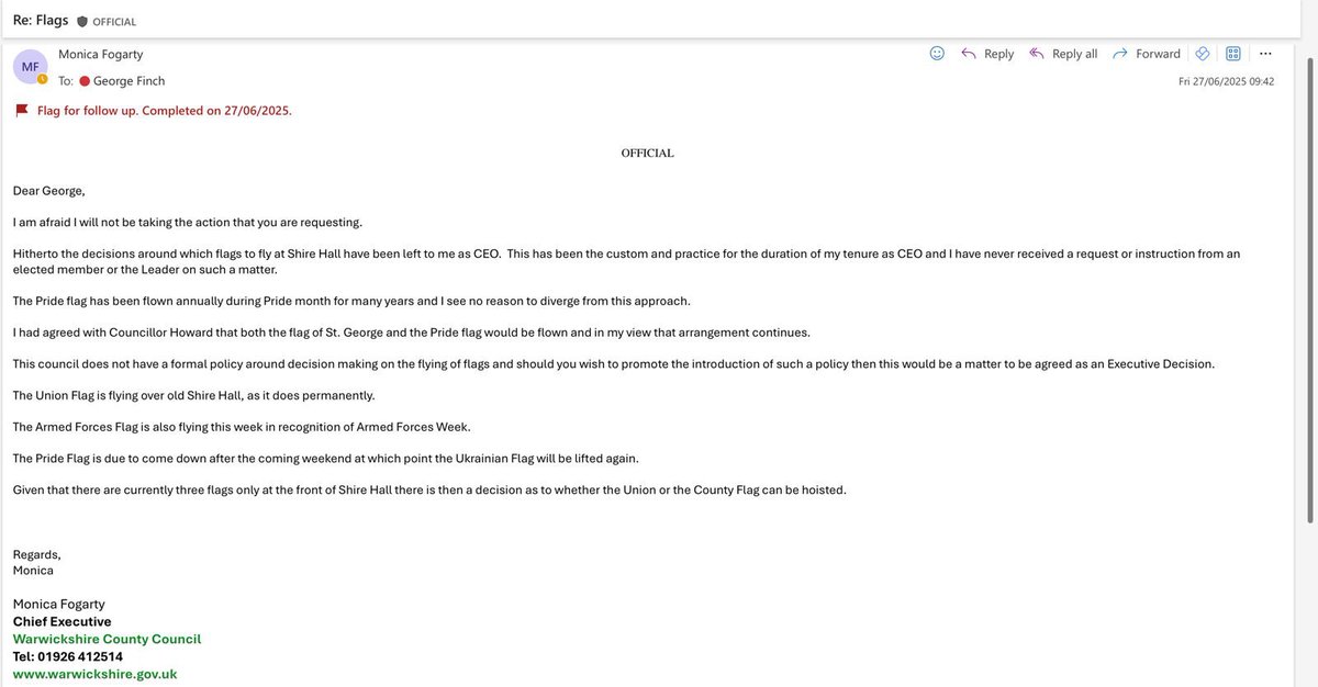 The email from the CEO of Warwickshire Council to the Leader of the Council.

TLDR: I make the decisions around here.