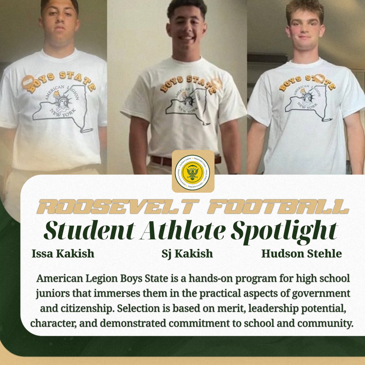 Best of luck to FDR's Issa Kakish Sj Kakish and Hudson Stehle as they head off to the American Legion Boys State Program! A week long training for future leaders of the state and the nation! #Presidentsleadtheway @DR_P_Roman #THEFAMILY #HYDEPARKPRIDE @pjsports