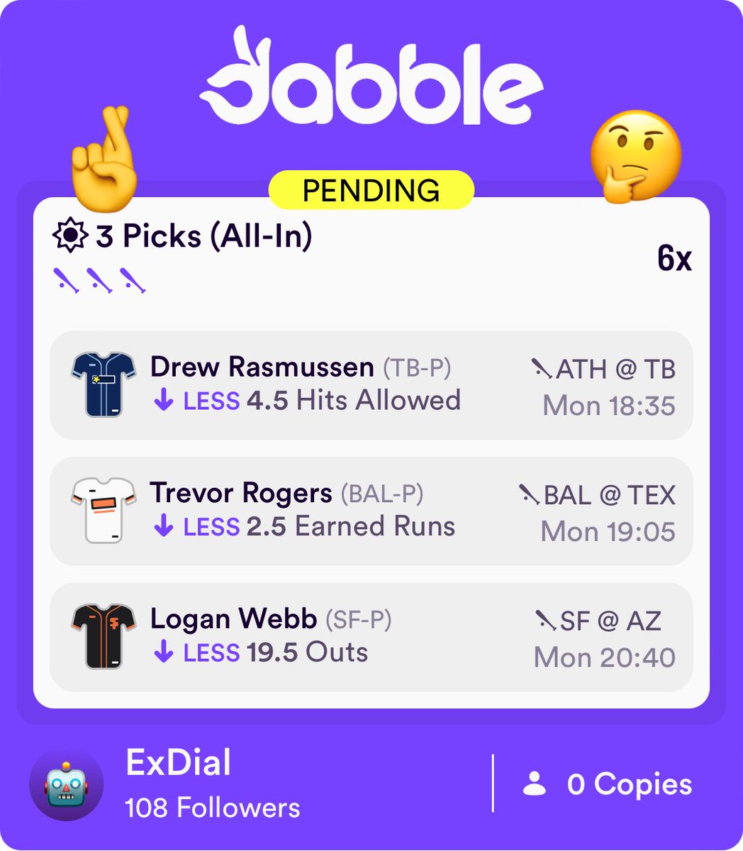 Dabble 6x - MLB🎯

Some nice value on these plays here - Pinnacle has Webb’s line priced at (-163), clear value at (-122)❗️

BOL👊🏼