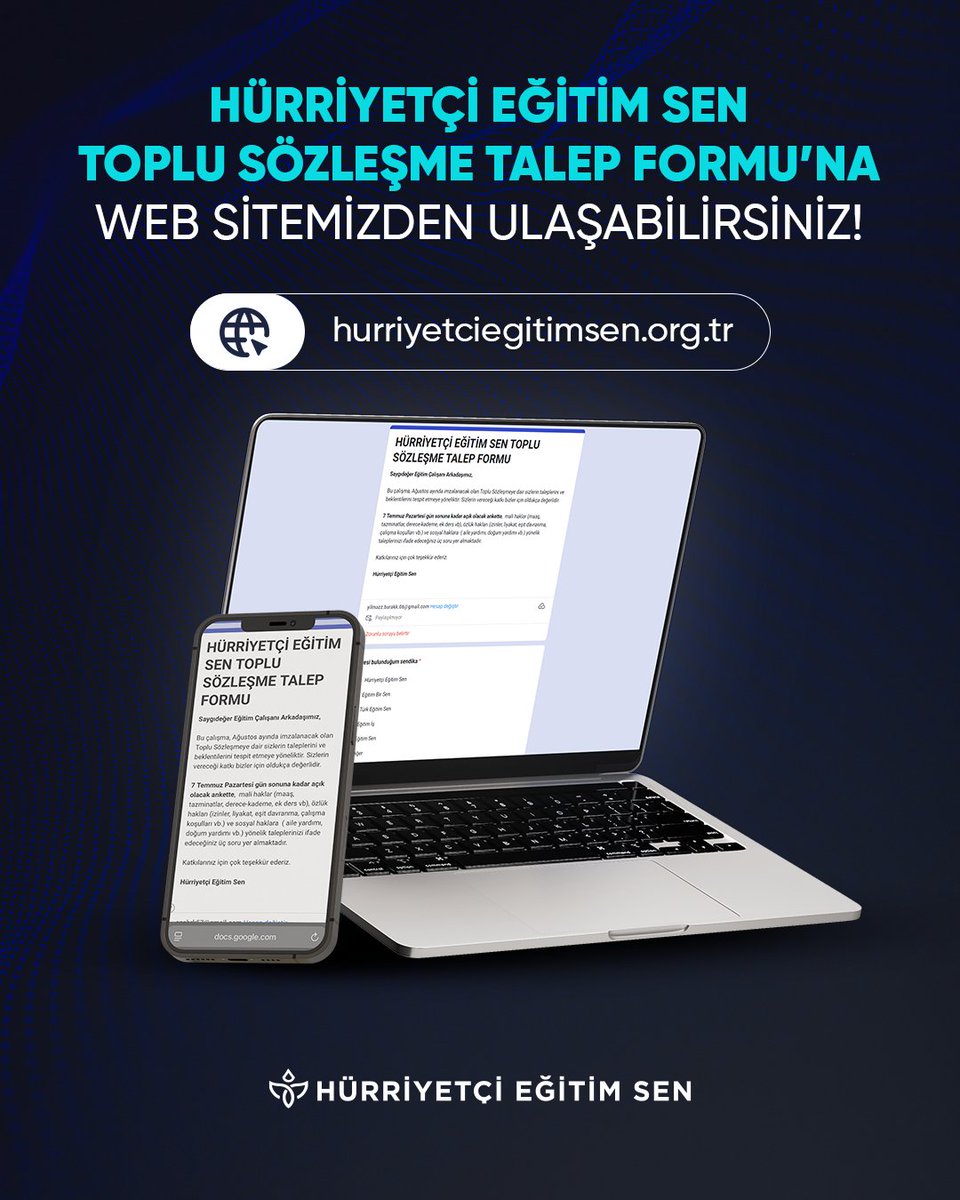 Saygıdeğer Eğitim Çalışanı Arkadaşımız,

Bu çalışma, Ağustos ayında imzalanacak olan Toplu Sözleşmeye dair sizlerin taleplerini ve beklentilerini tespit etmeye yöneliktir. Sizlerin vereceği katkı bizler için oldukça değerlidir.

forms.gle/pPMWjFwdJVhQFZ…

Katkılarınız için çok
