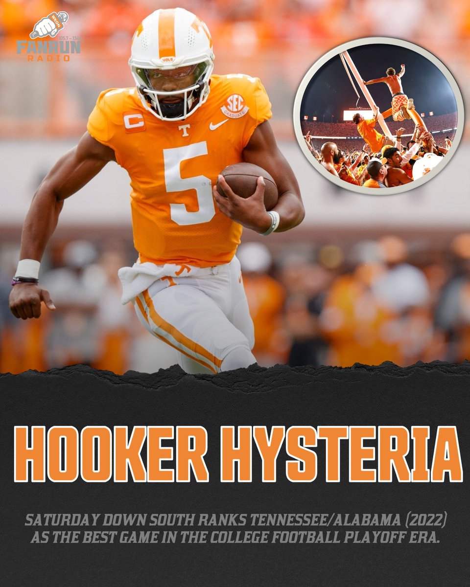 FOXSportsKnox's tweet image. LEGENDARY😎: Saturday Down South ranked Tennessee’s 52-49 win over Alabama in 2022 as the Best Game of the College Football Playoff era.

QB Hendon Hooker finished the game with 441 total yards and 5 TDs.

989 days later: the Vols win is STILL UNFORGETTABLE. 🔥

#ForTheFans