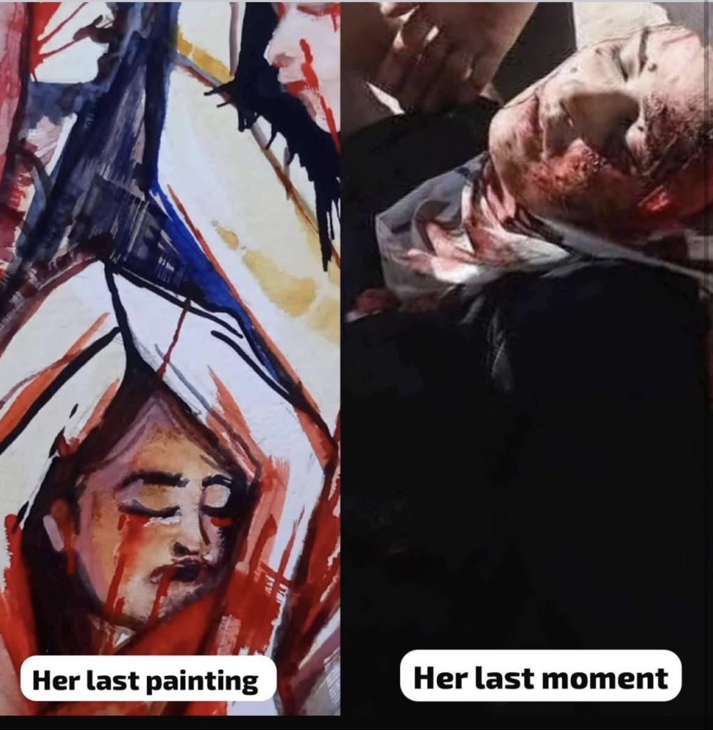 NourNaim88's tweet image. 🚨BREAKING: The Israeli army killed renowned Palestinian visual artist Frans Al-Salmi in #Gaza.
Her final painting felt like a farewell as if she had unknowingly captured her own fate‼️