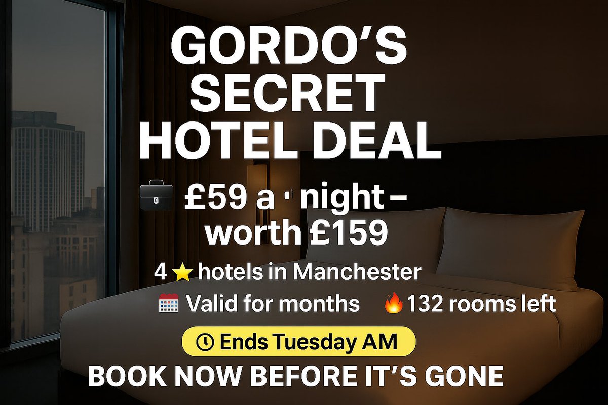 Actually, down to 20 rooms out of the original 150... if you are going to need 4⭐️ hotel bedrooms in Manchester,  you will not find a better deal. Curated by Gordo. You need to be quick though. bit.ly/45LGgsD