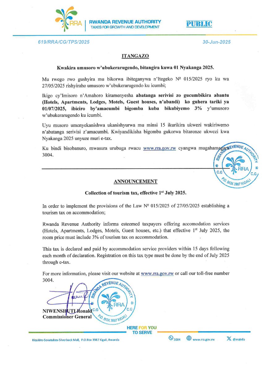 🚨Itangazo rijyanye no kwakira umusoro w'ubukerarugendo bizatangira kuwa 1/7/2025. 
=====================================
Announcement regarding the collection of tourism tax, effective 1/7/2025.