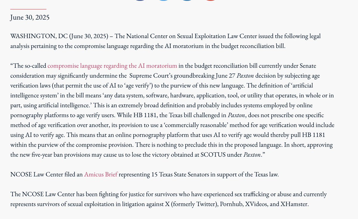 The AI Moratorium "compromise" language still harms protecting kids online.

Just 1 example via <a href="/NCOSE/">National Center on Sexual Exploitation</a> "the new five-year [#AIMoratorium] may cause us to lose the [#ageverification] victory obtained at SCOTUS under #Paxton.”

<a href="/SenSchumer/">Chuck Schumer</a> <a href="/LeaderJohnThune/">Leader John Thune</a> <a href="/tedcruz/">Ted Cruz</a> <a href="/MarshaBlackburn/">Sen. Marsha Blackburn</a>