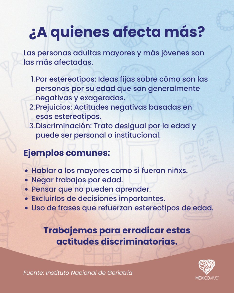 fundmexicovivo's tweet image. "Ya no estás en edad para eso". "No se te ve la edad, pensé que eras más grande". "Qué vas a saber tú si eres muy joven". ¿Alguna vez te han dicho o has dicho estas frases a alguien? El edadismo es una forma de discriminación muy extendida e inclusive, normalizada. ¿La conocías?