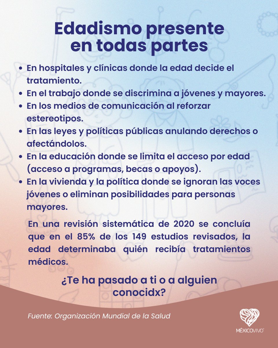 fundmexicovivo's tweet image. "Ya no estás en edad para eso". "No se te ve la edad, pensé que eras más grande". "Qué vas a saber tú si eres muy joven". ¿Alguna vez te han dicho o has dicho estas frases a alguien? El edadismo es una forma de discriminación muy extendida e inclusive, normalizada. ¿La conocías?