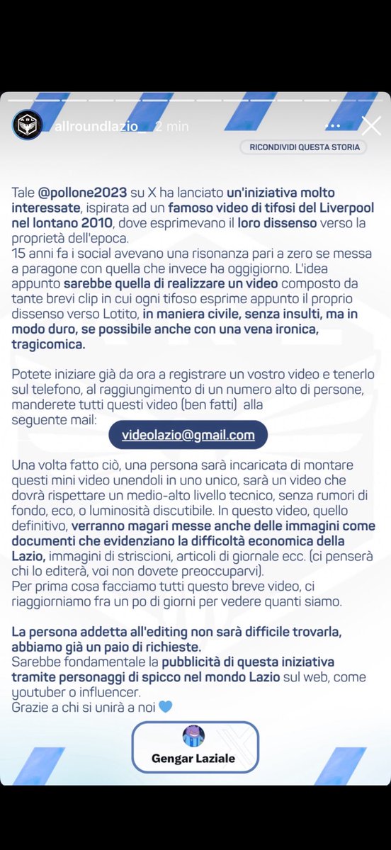 Spazio Lazio (@spazio_lazio) on Twitter photo RIPROPONGO!
Leggete, fate girare e sopratutto fatelo.
Ottima idea💪🏼
<a href="/AllRoundLazio/">AllRoundLazio</a> <a href="/pollone2023/">Gengar Laziale</a> <a href="/SpaceLazio/">LazioSpace</a> <a href="/lazio/">murat</a> RIPROPONGO!
Leggete, fate girare e sopratutto fatelo.
Ottima idea💪🏼
<a href="/AllRoundLazio/">AllRoundLazio</a> <a href="/pollone2023/">Gengar Laziale</a> <a href="/SpaceLazio/">LazioSpace</a> <a href="/lazio/">murat</a>