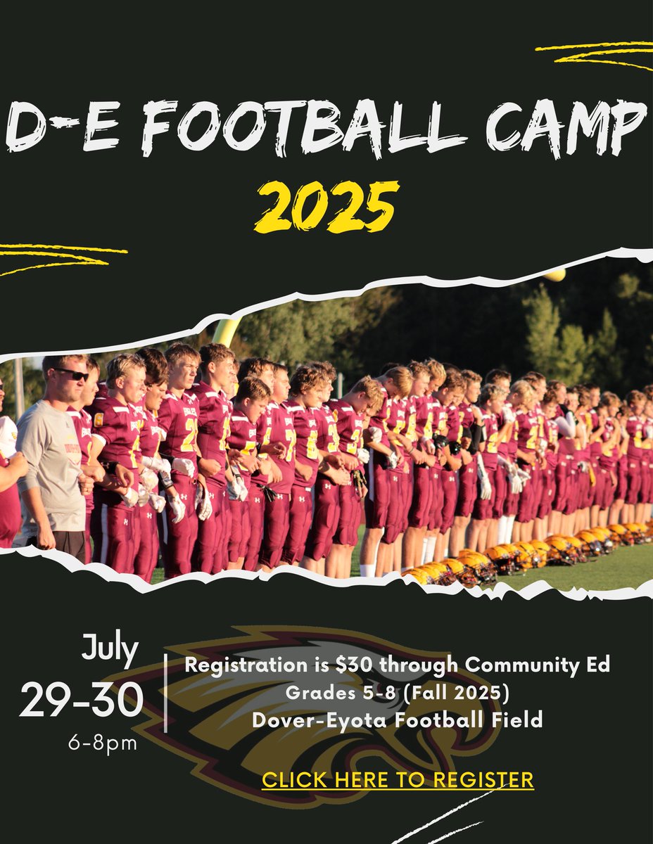 We are a month away from our youth camp!  Get signed up today for two nights of football fun on the turf with our coaching staff and players.  sites.google.com/deschools.org/…