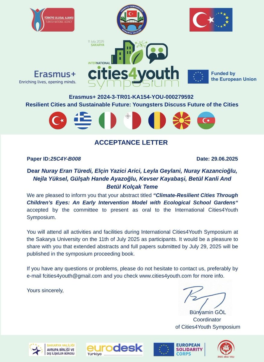 #Cities4Youth 2025’teyiz!
UNICEF’in “Çocuk Dostu Şehirler” yaklaşımından ilhamla hazırladığımız i projemiz kabul edildi.
<a href="/duzceuniversite/">Düzce Üniversitesi</a> iş birliğiyle, çocukların gözünden iklim dirençli şehirler tasarlıyoruz. 💧🌱<a href="/ValiSelcukAslan/">Selçuk Aslan</a> <a href="/duzce_mem/">Düzce İl Milli Eğitim Müdürlüğü</a> <a href="/emrullahaydin25/">Emrullah Aydın</a> <a href="/duzcememarge/">DÜZCE MEM AR-GE</a>