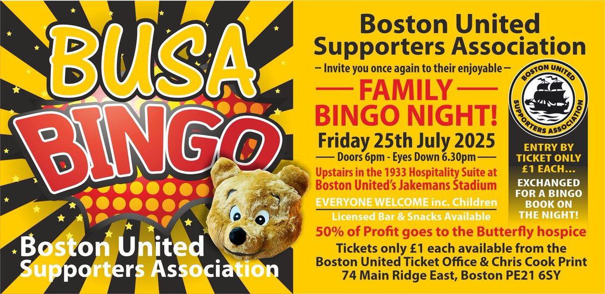 busabufc's tweet image. Get your tickets for our next Family Bingo Night! Only £1, and can be exchanged for a bingo book on the night.
Friday 25th July 2025, 6:30pm start
🧡 All tickets £1
🎟️ Committee members, Chris Cook Print, Club Ticket Office
