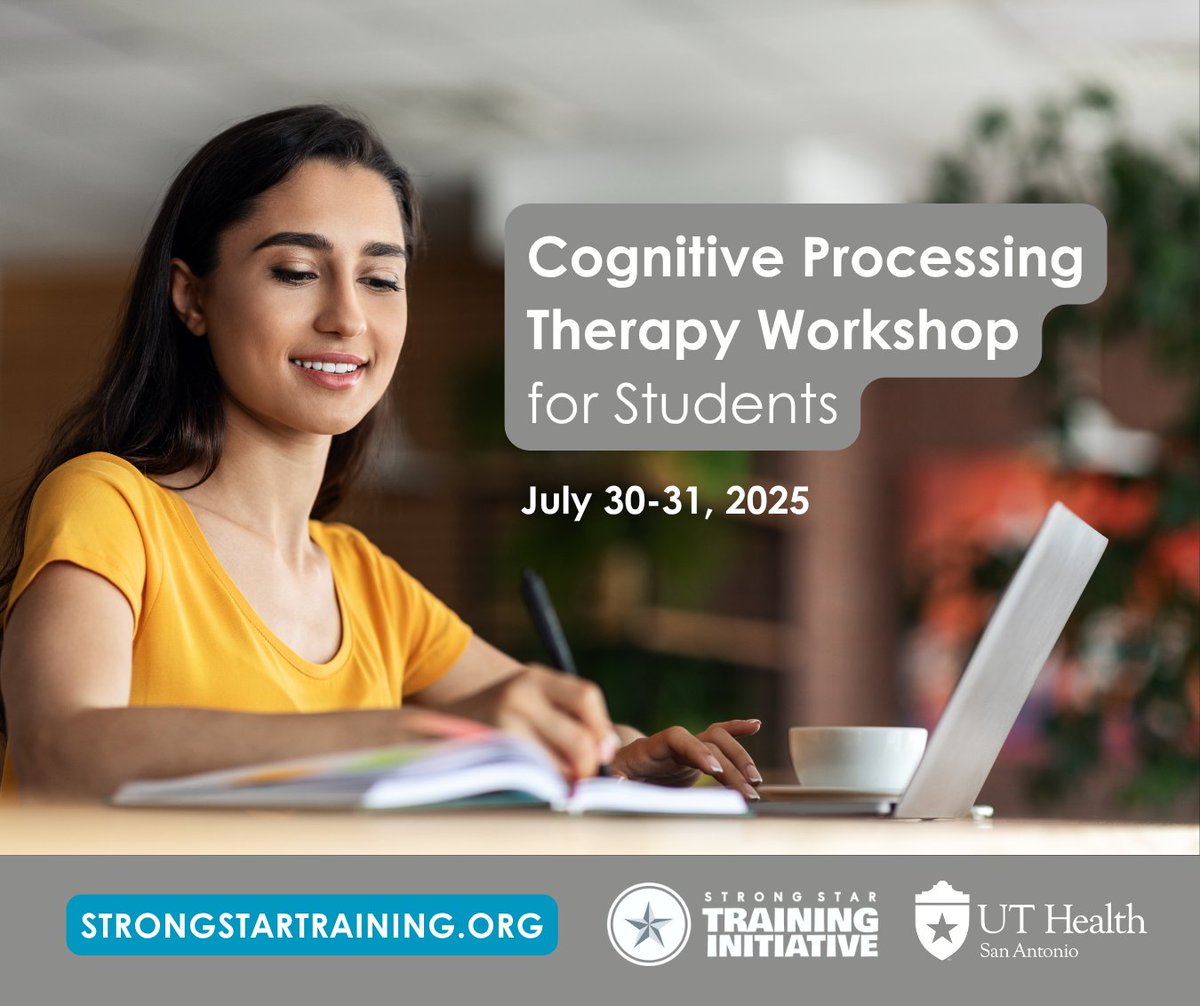 STRONGSTARTrain's tweet image. Cognitive Processing Therapy (CPT) is a valuable tool for any future mental health clinician. 🧠 Our upcoming Student CPT workshop allows students to build a strong foundation in this proven approach! Register today: bit.ly/3RPShoH
#PTSD #PTSDAwarenessMonth #MentalHealth