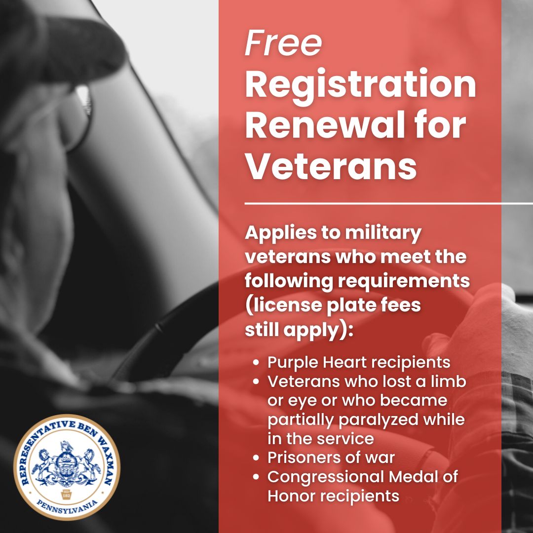 RepBenWaxman's tweet image. Did you know? Pennsylvania military veterans may qualify for no-cost vehicle registration and title fees.
For more information, please visit Veteran Registration Fees or feel free to contact my district office at 215-246-1501.