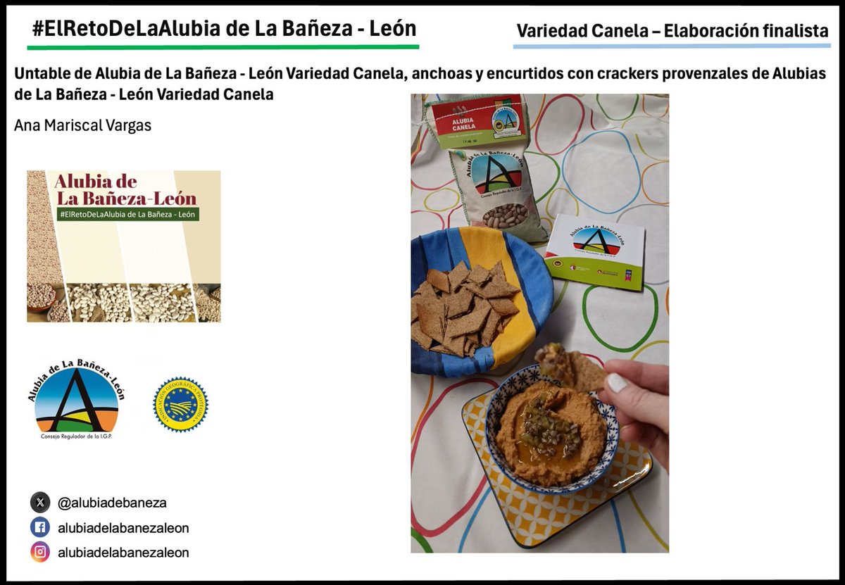 alubiadebaneza's tweet photo. Ya conocemos a los finalistas de #ElRetoDeLaAlubia de La Bañeza - León.
Finalista Variedad Canela: Ana Mariscal Vargas.
Elaboración: Untable de #AlubiaDeLaBañezaLeón #VariedadCanela, anchoas y encurtidos con crackers provenzales de #Alubias de La Bañeza - León Variedad Canela. https://t.co/3JMUdNGZJJ