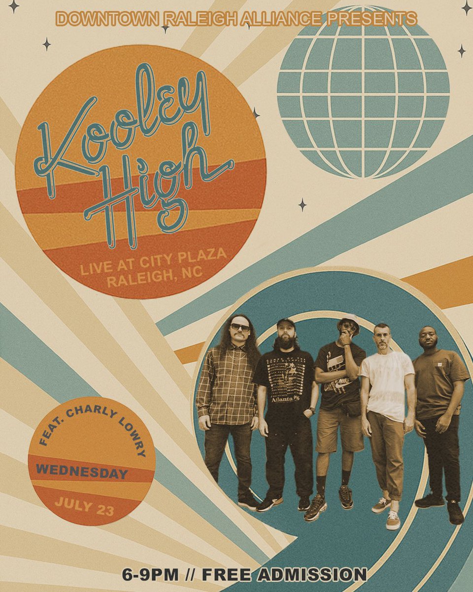 FREE SHOW! Catch Kooley High LIVE @ City Plaza Raleigh, NC on Wednesday July 23 🔥 The 'Live After 5' concert series is brought to you by Downtown Raleigh Alliance 🙏 SEE YOU THERE